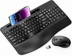 Wireless Keyboard and Mouse Ergonomic Combo, Moojay 2.4G Rechargable Full-Sized Quiet Wave Keyboard Silent Mice Set with Wrist Rest and Phone Holder for Computer, Laptop, PC, Mac, Windows - Black