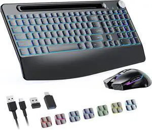2.4G Wireless Keyboard and Mouse Combo, Rechargeable Ergonomic Wireless Computer Keyboard with 7 Colored Backlits, Phone Holder, Volume Knob for Mac Windows Laptop PC