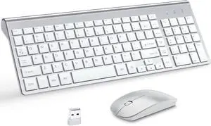 Wireless Keyboard and Mouse with Mouse Pad Ultra Slim Combo, MOOJAY 2.4G USB Quiet Compact Scissor Switch Keyboard Mice Set with Cover, 2 AA and 2 AAA Batteries, for Laptop/PC/Windows - Silver White