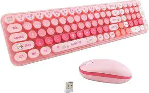 Wireless Keyboard and Mouse Combo, Retro Typewriter Style Keyboard with Round Keycaps, 2.4GHz Dropout-Free Connection Mouse with,Computer PC Desktops Laptop WindowsxP/7/8/10 (Pink)