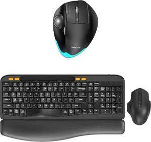 SABLUTE Wireless Keyboard and Mouse Combo and Wireless Trackball Mouse Rechargeable, Phone Holder, Cushioned Plam Rest Keyboard. Ergonomic Bluetooth Laptop mice with 5 Level DPI, Adjustable Angle