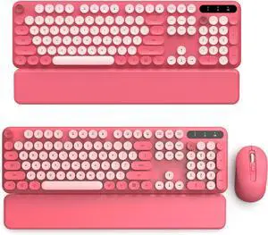 Pink 2 Pack Wireless Keyboard and Mouse Combo - Round Keycaps, Full-Size Retro Typewriter Keyboard with Detachable Wrist Rest, Sleep Mode & Tilt Legs, 2.4GHz Cordless Connection for Windows/PC
