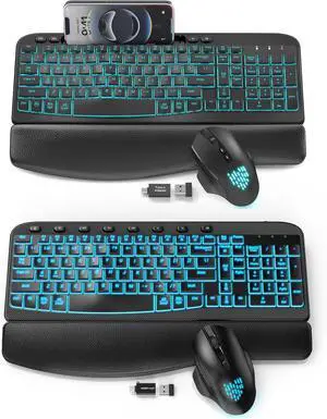 SABLUTE 2 Pack Ergonomic Wireless Keyboard and Mouse Combo - Wave Keyboard with Soft Leather Wrist Rest, Resistant Keys, RGB Backlit Rechargeable Set