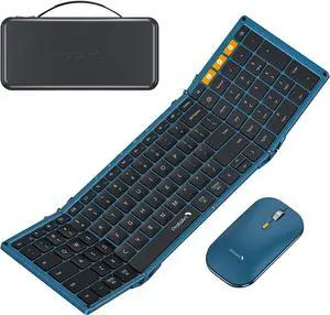 ProtoArc Foldable Keyboard and Mouse, XKM01 True Full-Size Folding Wireless Keyboard Mouse Combo for Business Travel, a Portable Office Suite On-The-Go, Compatible with Laptop iPad Tablet - Blue