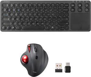 SANWA Multi-Device Wireless Trackball Mouse and Keyboard with Touchpad, USB-A & Type-C Receiver, Programmable Silent Click Mouse, Rechargeable Keyboard, Compatible with Mac, Windows, Android, Black