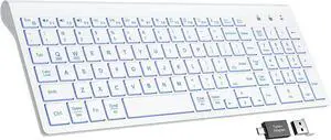 SABLUTE Wireless Keyboard with 7 Colored Backlits, Rechargeable Silent Compact Cordless Computer Keyboard with Low Profile Quiet Light Up Keys for Windows, PC, Linux, Chrome, Mac (White)