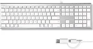 Macally USB C Keyboard (Upgraded) - Dual USB A + C Plug - Wired Keyboard for Mac - Ultra Slim, 20 Shortcuts, 110 Scissor Keys - for MacBook Pro/Air, Mac Mini, iMac, iPad - Silver