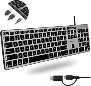 Macally Wired Keyboard for Mac with USB Hub (2X USB-A / 1x USB-C) - Compatible Backlit Apple Keyboard with Dual Interface - Auto OS Detection for Mac, MacBook Pro/Air, iMac, PC, Android, iPad, iOS