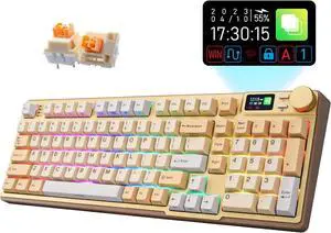 iRocks K85R Wireless RGB Backlit Mechanical Gaming Keyboard with LCD Display, Hot-Swappable Pre-lubed Switches, 98 PBT Keys, USB-C Detachable Cable (Light Golden, Silent Bubble Switch)