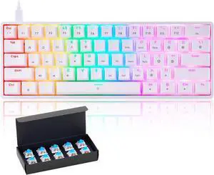 Mechanical 60% Keyboard RGB 1680M Color Backlit Compact Mini 61 Key Blue Switch Portable Keypad Compatible with Windows iMac Laptop PC Computer Office Gamer(White)