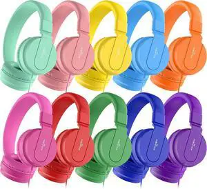 Classroom Headphones Bulk 10 Pack - Kids Headphones for School K-12 Student, 93dB Volume Limited On-Ear Wired Headset with Microphone, Durable 3.5mm Jack for Class Set Library Computer (Mixed Color)