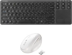 SANWA Multi Device Bluetooth Keyboard with Touchpad and White 2.4G Wireless Ergo Mouse, Rechargeable Keyboard and Vertical Mouse, 800/1200/1600 DPI, Compatible with Mac, Windows, Laptop, iOS, Android