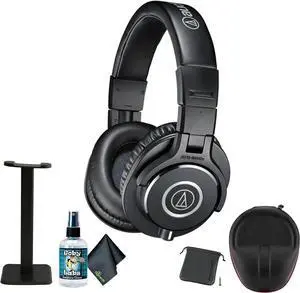 Audio-Technica ATH-M40x Closed-Back Monitor Headphones (Black) + Microfiber Cleaning Cloth + Headphone Stand + Headphone CASE + Goby Labs Headphone Cleaner 4 fl oz