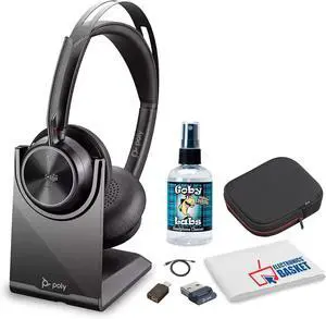 Poly Voyager Focus 2 UC Stereo Bluetooth Headset (Microsoft Teams Certified) (77Y87AA) with Travel Pouch Bundle Including: Goby Labs Headphone Cleaner, Fiber Cloth