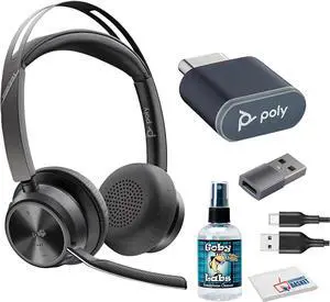 Poly (Plantronics Voyager Focus 2 UC Stereo Bluetooth USB-C-C Headset +USB-C/A Adapter (Microsoft Teams Certified) (9T9J6AA) Bundle Including: Goby Labs Headphone Cleaner, Fiber Cloth