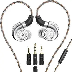 TRN Conch Wired Earphones with Mic 10mm Dual Driver HiFi in-Ear Monitors | Detachable Cable & 3 Interchangeable Nozzles, Includes 2.5mm/3.5mm/4.4mm Jack (Silver)