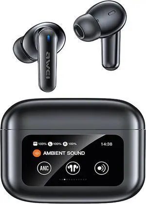 AWEI Wireless Earbuds Bluetooth 5.4, Smart Touch Screen Wireless Earphones LED Colour Screen with Touch Control, Sport Waterproof Wireless Bluetooth Headphone, Suitable for iPhone/Android Black