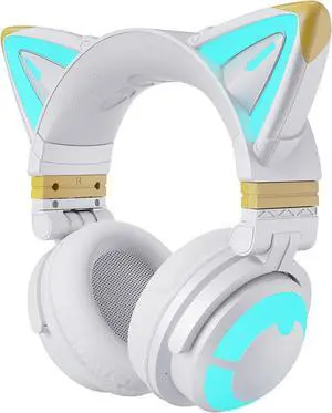 YOWU Cat Ear Headphones 3G, RGB Wireless/Wired 5.0 Foldable Gaming Headset with 7.1 Surround Sound, Built-in Mic & Customizable Lighting and Effect via APP(White)