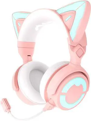 YOWU Cat Ear Headphones 4, Wireless & Wired Gaming Headset with Microphone for PC/PS4/PS5/XBOX/Switch -Noise Reduction, Customizable Lighting and Effect via APP (Pink)