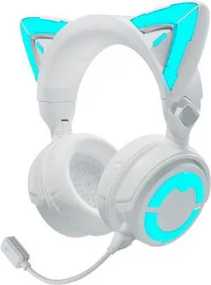 YOWU Cat Ear Headphones 4GS - RGB Gaming Headset with Mic & 2.4G USB/Type C Dongle for PC/PS4/PS5/XBOX/Switch, Wired/Wireless Bluetooth Headphones(White)