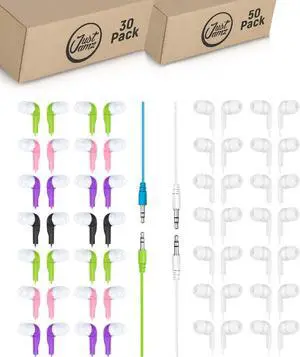 JustJamz 80 Bulk Wired Earbuds | 30x Jelly Roll Multicolor in-Ear Headphones & 50x Pearl White | Wired Ear Buds for Classroom, School, Students, Libraries | Disposable Headphones for Kids & Adult