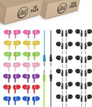 JustJamz 110 Bulk Earbuds Bundle: 10 Multicolor in-Ear Headphones + 100 Black Dot Wired Earphones | Disposable Classroom Earphones for Students, Kids, Libraries, and School Activities