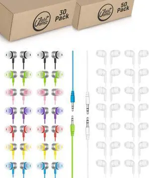 JustJamz 80 Bulk Wired Earbuds | 30x Jelly Matte Multicolor & 50x Pearl White in-Ear Headphones | Ear Buds for Classroom, School, Students, Libraries | Disposable Headphones Earbuds for Kids & Adults