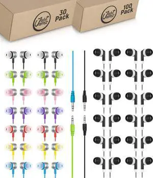 JustJamz 130 Bulk Earbuds Bundle: 30 Multicolor in-Ear Headphones + 100 Black Dot Wired Earphones | Disposable Classroom Earphones for Students, Kids, Libraries, and School Activities