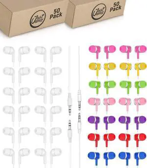JustJamz 100 Bulk Wired Earbuds Bundle: 50 Pearl White Disposable Earphones + 50 Colorful Wired Earphones | Affordable in-Ear Headphones for Schools, Libraries, Classrooms, and Events