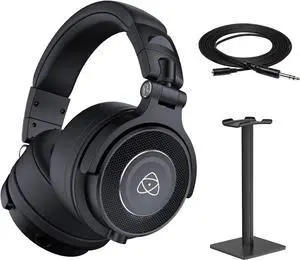 Atomos StudioSonic Professional Over-Ear Headphones (Black) | Passive Noise Isolation with MHE-325 3.5mm TRS to 1/4" TRS Headphone Adaptor Cable, 25 FT and Headphone Stand (Black) Essential Bundle Set