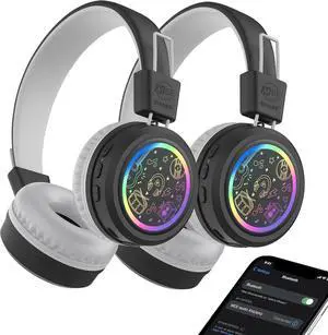 MEE audio 2-Pack of KidJamz Bluetooth Wireless Headphones for Kids w/Multipoint, LED Lights, 85dB Volume Limit, Microphone, 40h Battery; Childrens Headset for School/iPhone/Tablet (KJ55BT-S, 2 Pack)