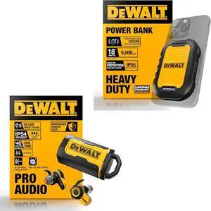 DEWALT Rugged Audio + Power Bundle: Pro X2 ANC Wireless Earbuds with Turn Dial Control & 5,000mAh Magnetic Power Bank