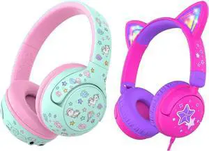 iClever BTH27 & HS25 Kids Headphones Bundles, Safe Volume,Kids Headphones for iPad/Tablet/Travel/School