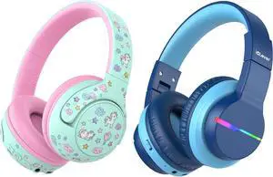 iClever BTH27 & BTH12 Kids Bluetooth Headphones Bundles, USB C Fast Charging, AUX Cord,Safe Volume,Toddler Headphones for iPad/Tablet/Travel/School