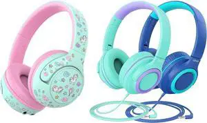 iClever BTH27 & HS22 Kids Headphones Bundles, Safe Volume,Kids Headphones for iPad/Tablet/Travel/School