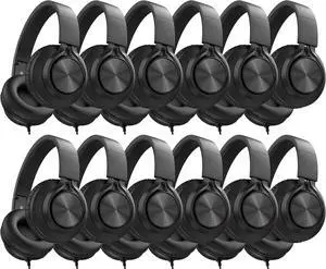 AILIHEN Headphones Wired 12-Pack Bulk for School Students Kids K-12 ClassroomAdjustable, Foldable, Over-Ear Headsets with Microphone HD Stereo Sound 3.5mm Jack for Chromebook, Laptop (Black)