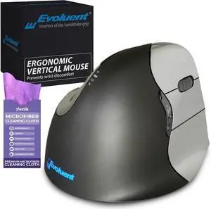 Evoluent Vertical Mouse 4 Right Hand (VM4R) - Ergonomic USB Wired Mouse for Laptop and PC with Jestik Microfiber Cloth (Regular Size) Black
