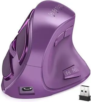 Vertical Mouse, Wireless Ergonomic Optical Mouse (BT 5.0 + Bluetooth 3.0 + USB Connection) with 9 Buttons, Rechargeable Computer Mouse for Wins PC/Laptop, Mac (Purple)