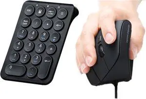 SANWA ERG9 Wired Ergonomic Mouse + Bluetooth Numeric Keypad Set, Vertical Computer Mice with LED Light, 1000/1600 DPI, Portable Wireless Ten Key Number Pad, Compatible with Mac, Windows, Laptop, PC