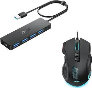 USB Hub 4 Ports Bundle with Wired Gaming Mouse