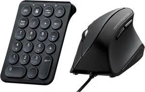 SANWA ERG9N Silent Click Wired Ergo Mouse + Bluetooth Numeric Keypad Set, Programmable Vertical Mouse, Wireless Ten Key Number Pad, Compatible with Mac, Windows, Laptop, PC