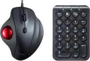 SANWA TB128 Wired Trackball Mouse + Bluetooth Numeric Keypad Combo, Silent Click Roller Ball Mice, Rechargeable Wireless Ten Key Portable, Compatible with MacBook, Windows, Laptop, iOS, Black