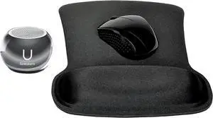 U Speakers Bluetooth Mini Speaker Travel Home Office Bundle with Black Wireless Mouse X3000 G2, & Coordinating Gel Mouse Pad, for Modern Workspace