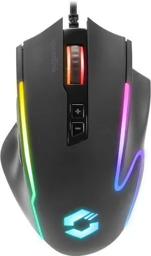 DECUS NX - RGB Gaming Mouse with Cable, Multicoloured RGB Illumination, Continuous fire Button, up to 12800dpi, 1000Hz, programmable, USB Wired, sheathed Cable, Black