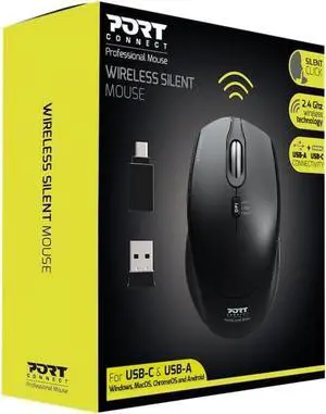 Portdesigns Wireless Black Mouse, 3-Button, 2.4GHz, USB-A & C, Silent Click