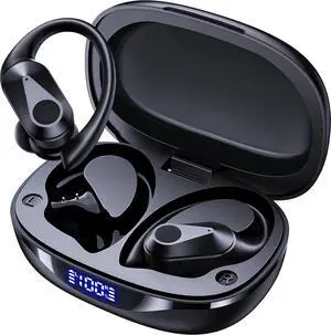 Bluetooth Headphones Wireless Earbuds 90H Playtime Ear Buds, ENC Noise Cancelling Call Headphones IPX7 Waterproof Sports Earphones, LED Display Wireless Charging Case Over-Ear Earhooks, Black