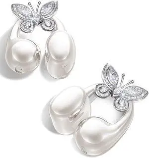 King Lucky Clip-on Earbuds Jewelry Wireless Bluetooth 5.4 Comfortable Open Ear Headphones with Detachable Butterfly Earrings,IPX5 Waterproof, 50H Play, for Women, Gift,Parties,Festival (White)