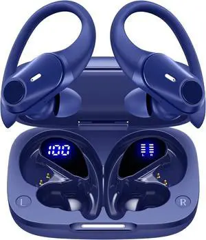 GOLREX Active Noise Cancelling Ear Buds Bluetooth Headphones Wireless Earbuds with 80H Wireless Charging Case & LED Display, Over-Ear Hooks Earphones Bass Earbud for Sports Running Gym Workout Blue