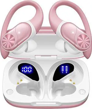 PocBuds Bluetooth Headphones Wireless Earbuds 80hrs Playtime Wireless Charging Case Digital Display Sport Ear Buds with Earhook Deep Bass IPX7 Waterproof Over-Ear Earphones for Phone Laptop Rose Gold