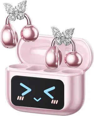 Stylish Open Ear Clip On Earbuds with Removable Butterfly Earring, Clip On Headphones with LCD Touch Screen, Fashionables Open Ear Headphones for Women, Pink Butterfly Earring Earbuds
